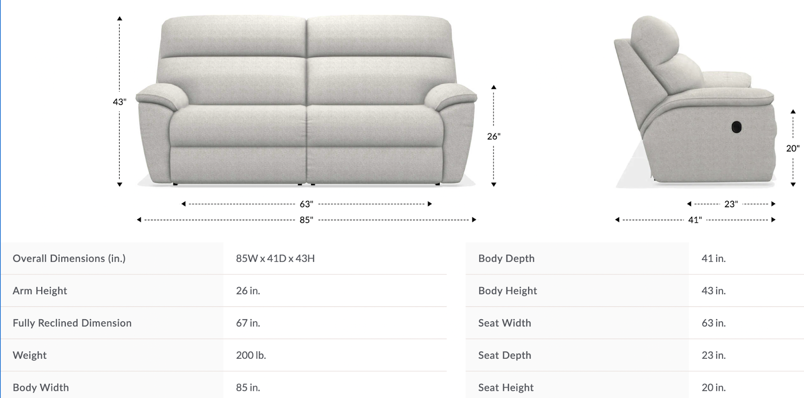 roman reclining sofa size and dimensions