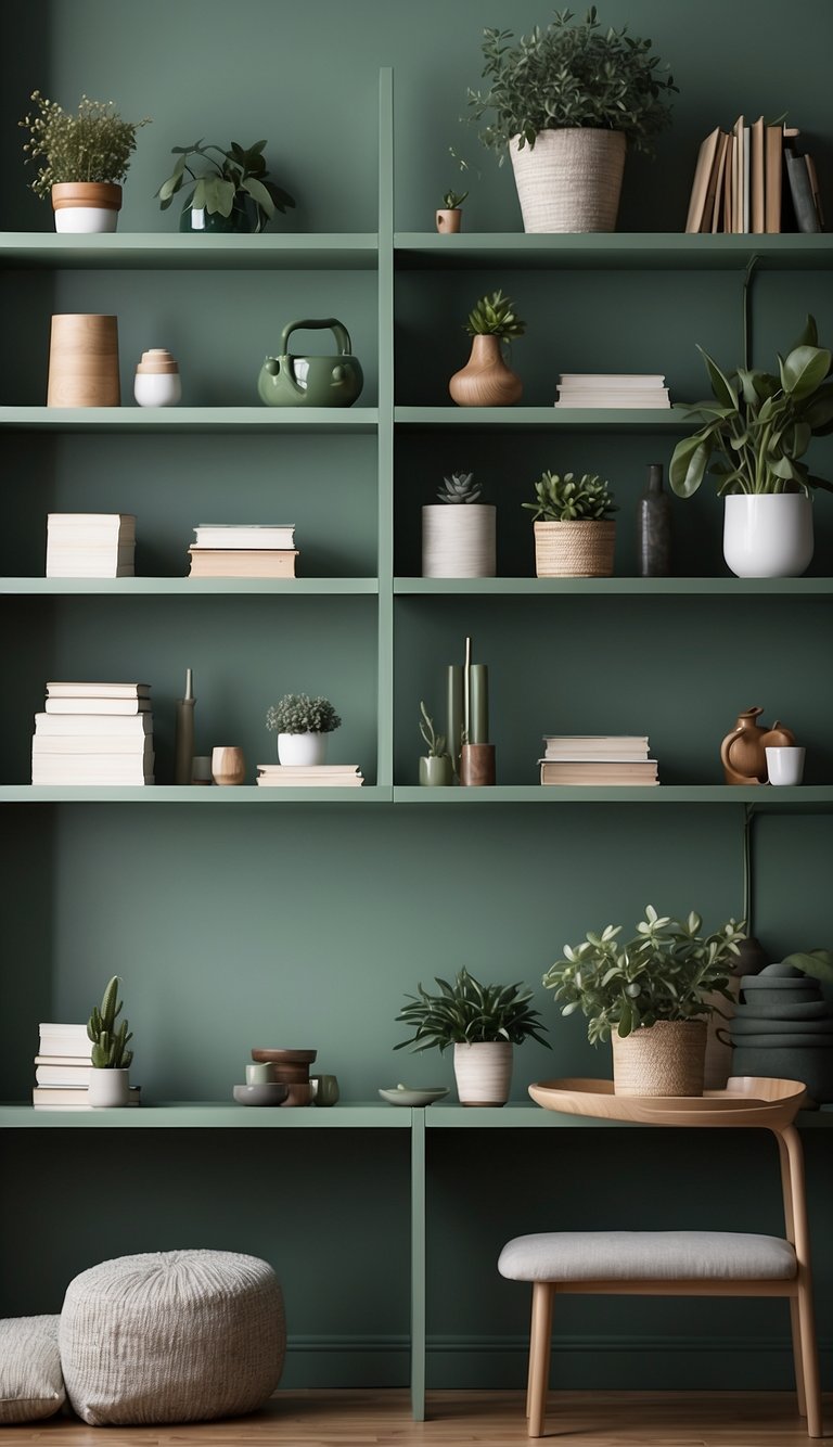 Sage green shelves are installed in a serene bedroom with sage green accents