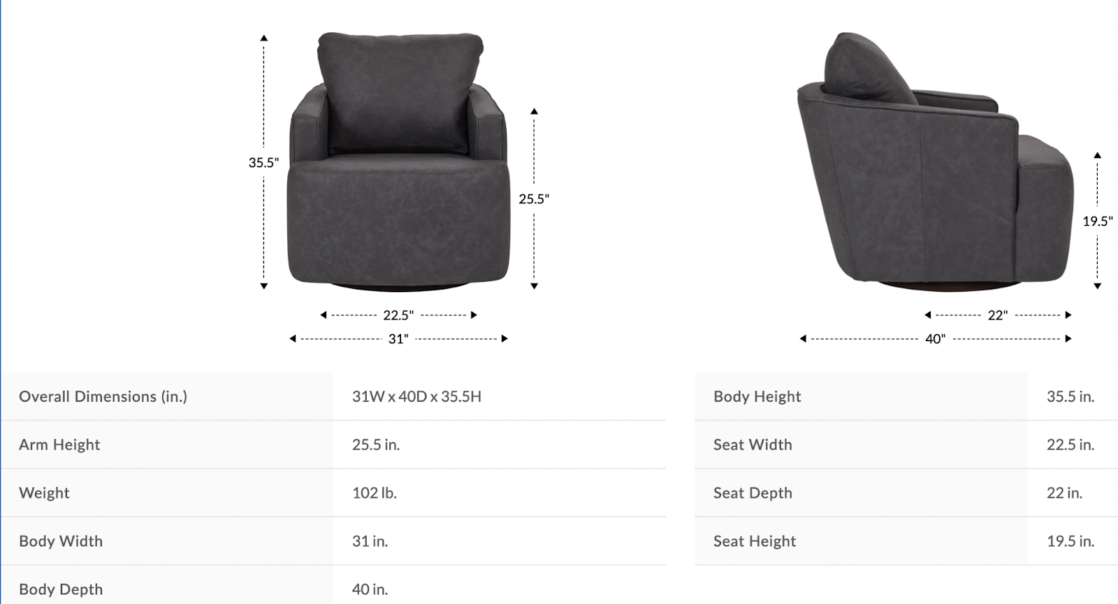 maeve swivel gliding chair dimensions