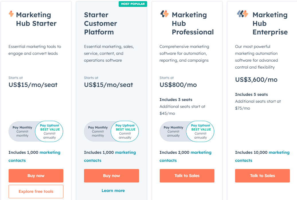 Screenshot of Hubspot pricing
