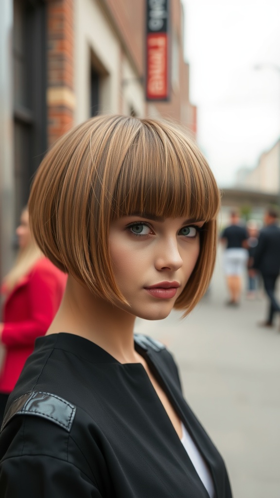 A model with a blunt cut bob hairstyle, featuring a glossy finish, standing outdoors.