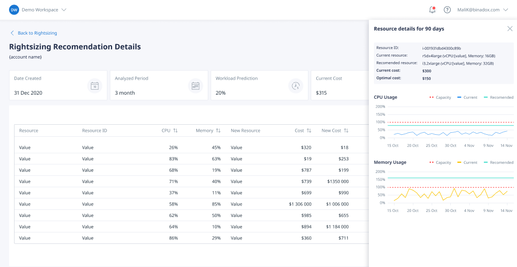 Rightsizing Recommendation Details by Binadox