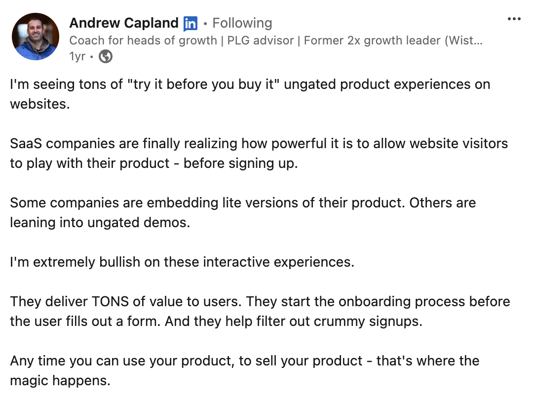 Snapshot of Andrew Capland's LinkedIn post about the future of interactive product demos