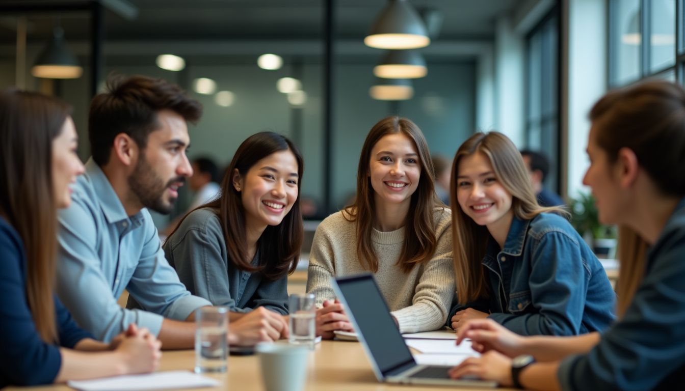 A group of young professionals discussing branding strategies in a modern office.