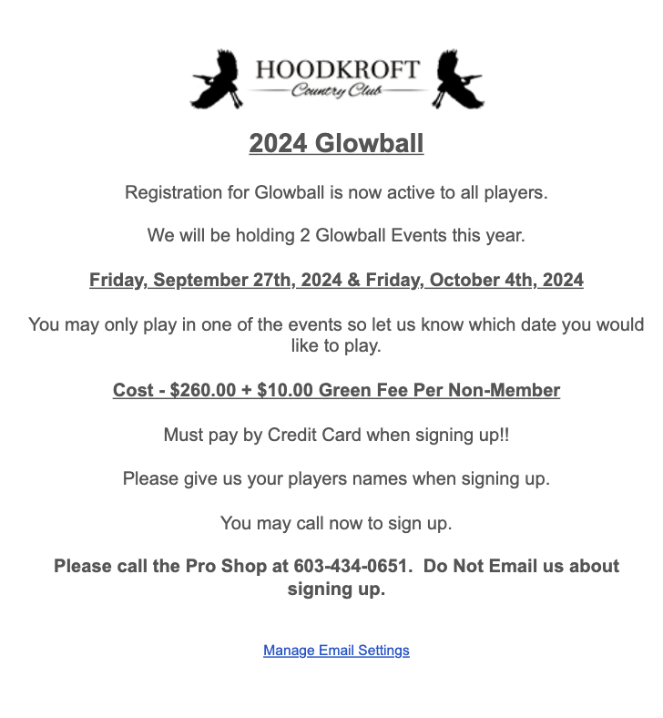 email newsletter from HoodKroft country club