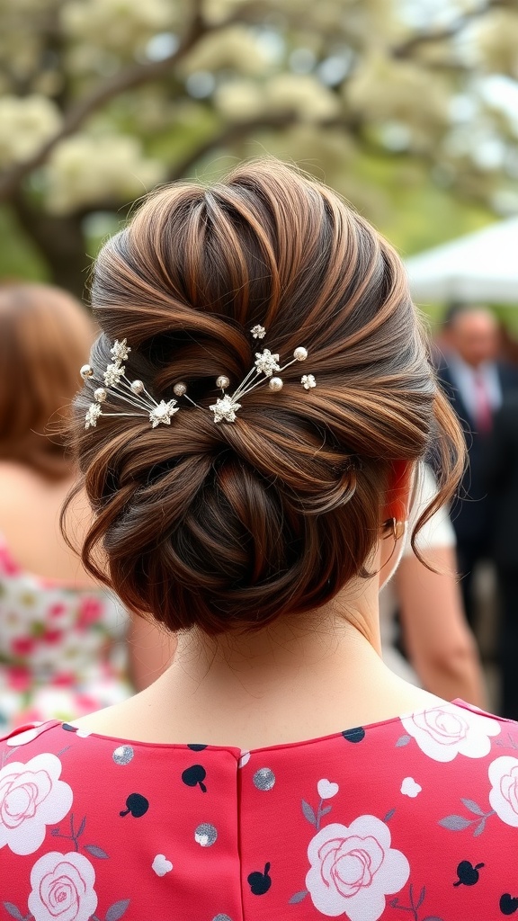 Elegant updo hairstyle adorned with decorative pins, viewed from behind.