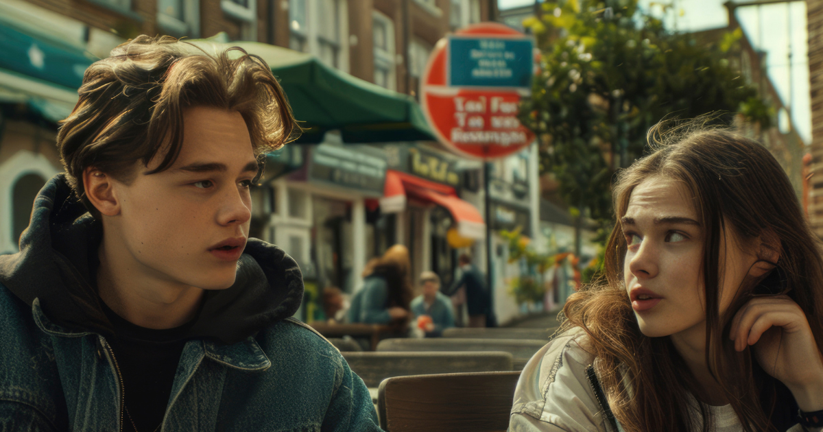A young man and woman sit outdoors in a casual setting, mid-conversation, their expressions intense and uncertain as if navigating a tense or emotionally charged exchange. It conveys a message that some conversations aren't meant to be taken lightly, especially when they cross the line into disrespect.
