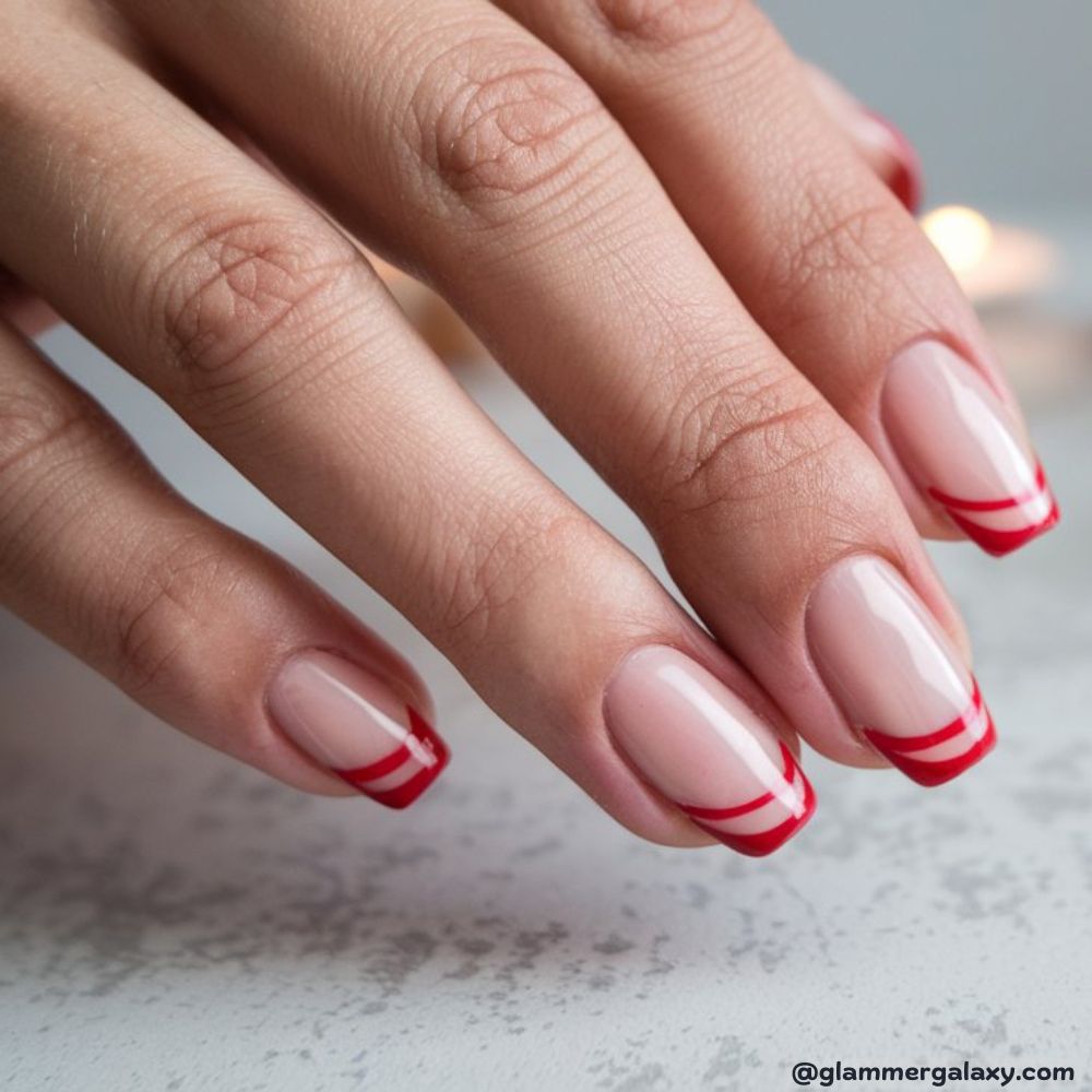 French Tip Christmas Nails having Thin Red French Tips

