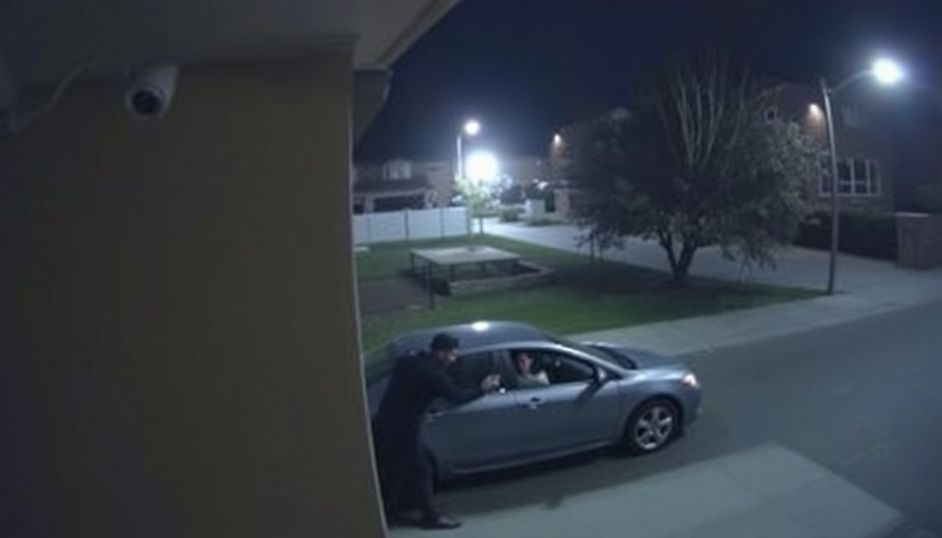 An outdoor security camera captures a figure attempting to break into a car.