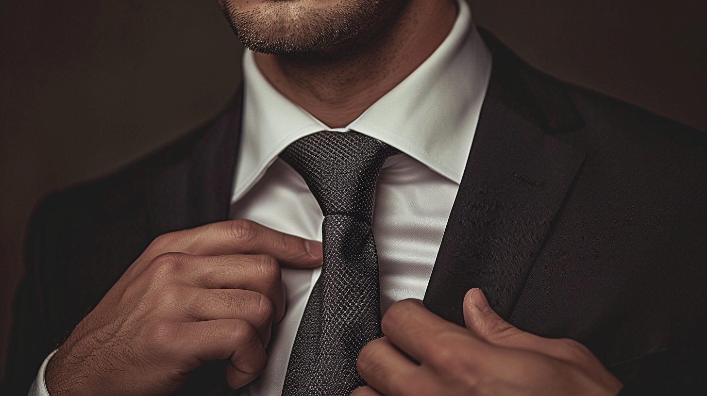 Man wearing a crisp white dress shirt with stiff collar and French cuffs, paired with a dark suit and tie, posed in a business or formal setting.