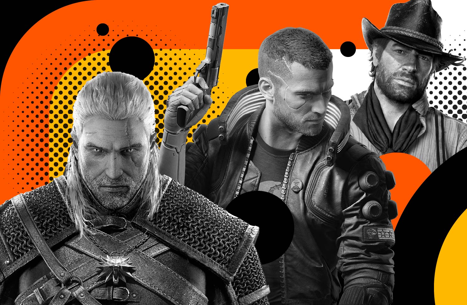 Grayscale characters from The Witcher, Red Dead Redemption 2, and Cyberpunk 2077 over a stylized orange and yellow background