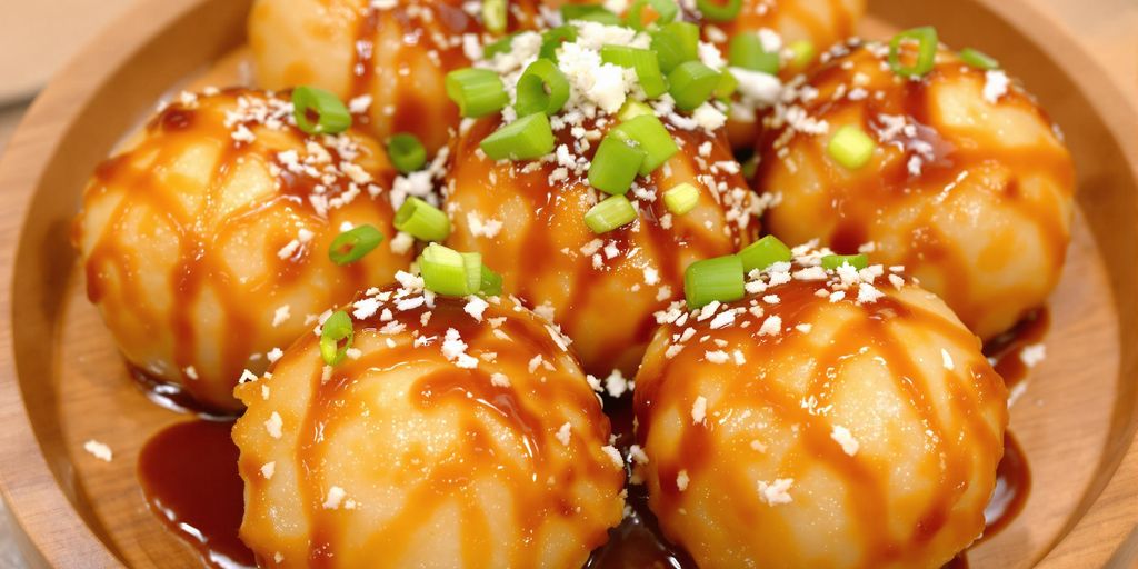 Golden-brown takoyaki balls topped with bonito flakes.