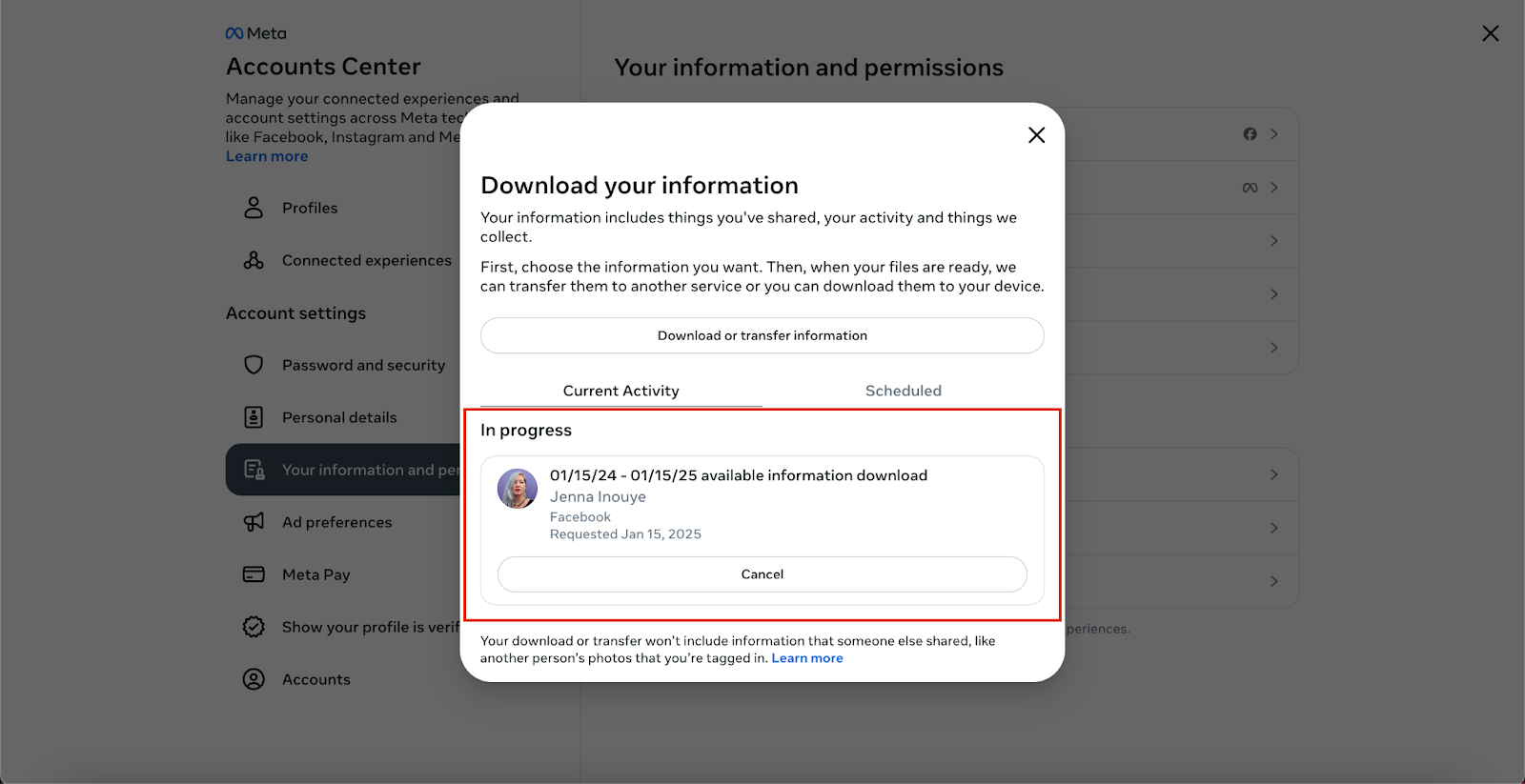 The "Download Your Information" modal. Now, there is a pending "In Progress" download below the "Download or Transfer Information" button.