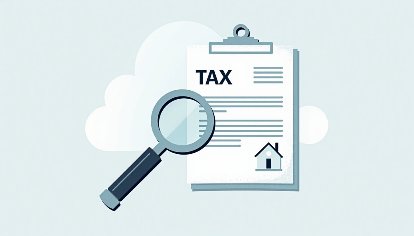 Illustration of a property tax document being examined with a magnifying glass, representing the tax protest review process