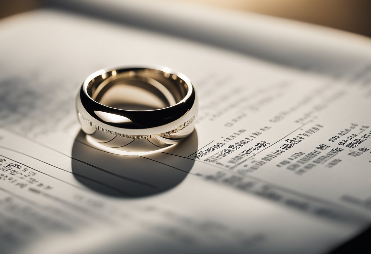 A broken wedding ring lies on the table, casting a shadow over legal documents and a divided asset list