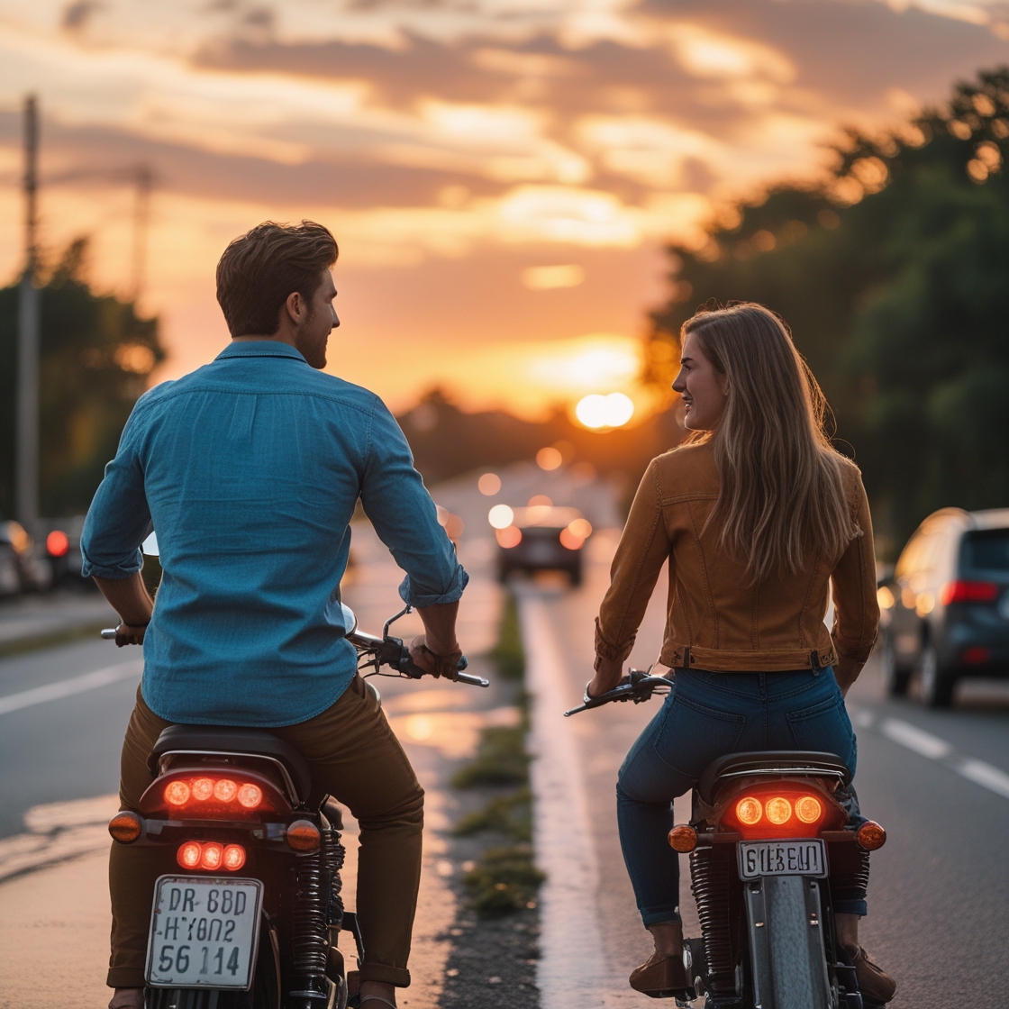 A couple riding into the sunset, but the next frame shows them stuck in traffic arguing, symbolizing how romantic ideals don’t match real-life struggles.