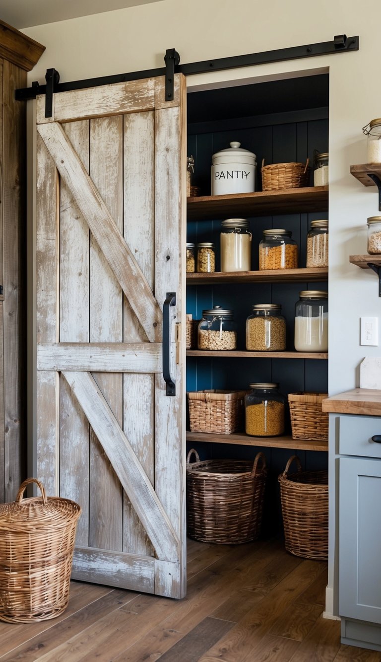 A weathered barn door opens to reveal a rustic pantry stocked with jars, baskets, and wooden shelves in a farmhouse kitchen