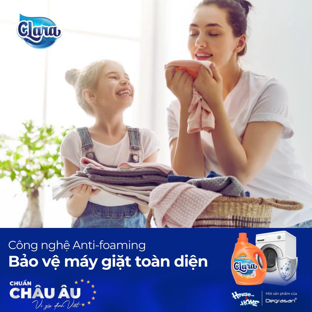 Công nghệ Anti-foaming khử bọt trong Nước giặt xả Clara Châu Âu giúp bảo vệ máy giặt hiệu quả