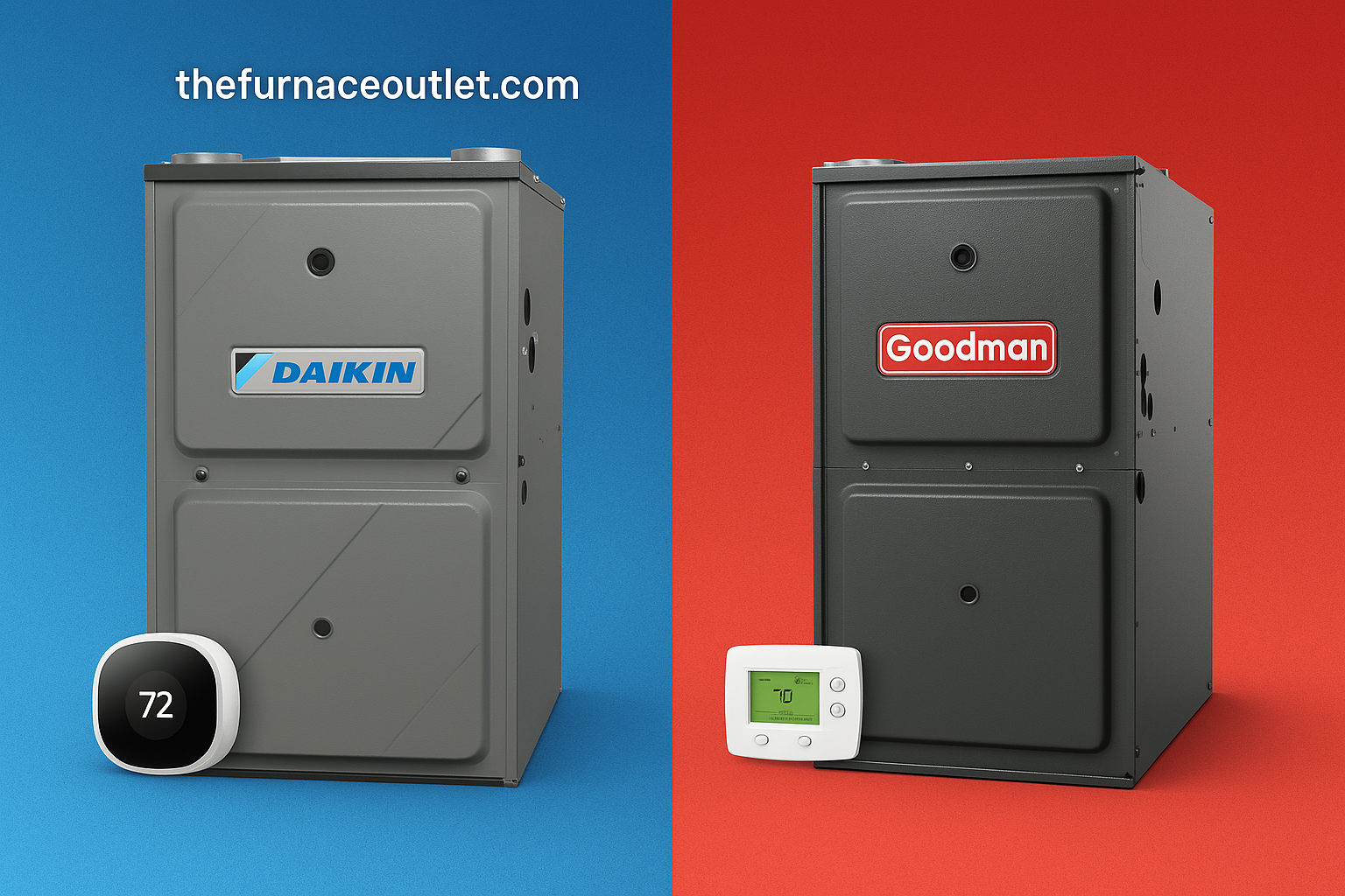 Comparison image of Daikin and Goodman furnaces with smart thermostats, set on blue and red gradient backgrounds with The Furnace Outlet branding, representing tailored home heating choices