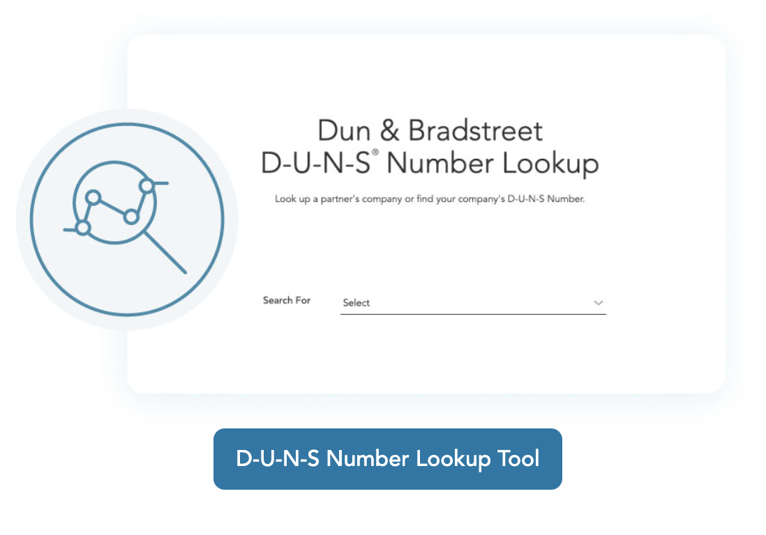 Screenshot of Dun & Bradstreet D-U-N-S Number Lookup page. Words search and blue button to look up number