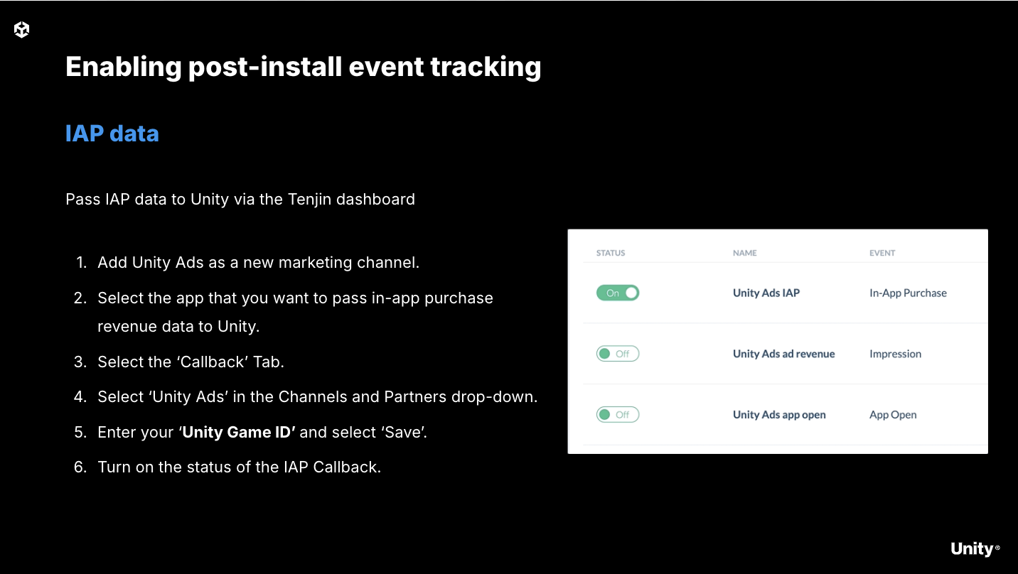 Unity Ads ROAS Campaigns post-install event tracking for IAP data with your MMP