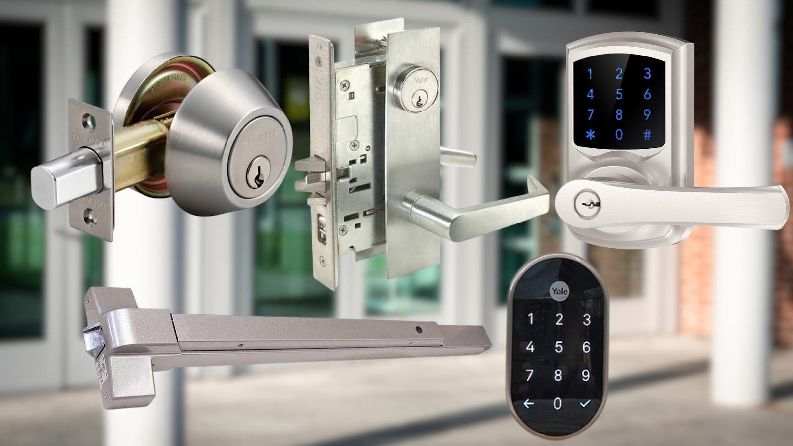 Different commercial locks and security devices, including traditional deadbolts and modern electronic locks for lock change.