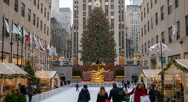 New York City transforms into a Christmas wonderland with the iconic Rockefeller Center Christmas Tree, festive window displays, and seasonal shows like The Nutcracker.