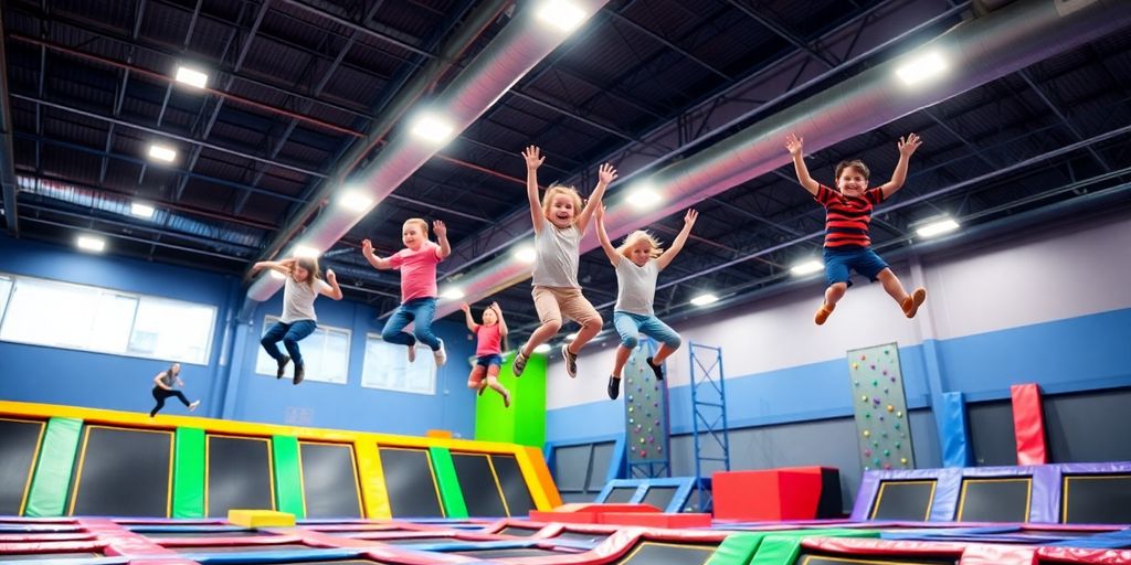 Buntes Sprunghaus Osnabrück mit springenden Menschen auf Trampolinen.