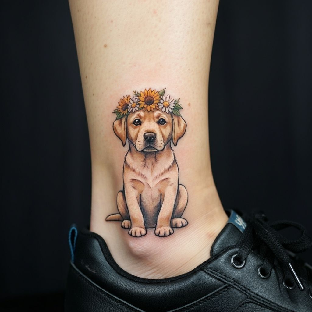 Labrador with a Flower Crown Tattoo