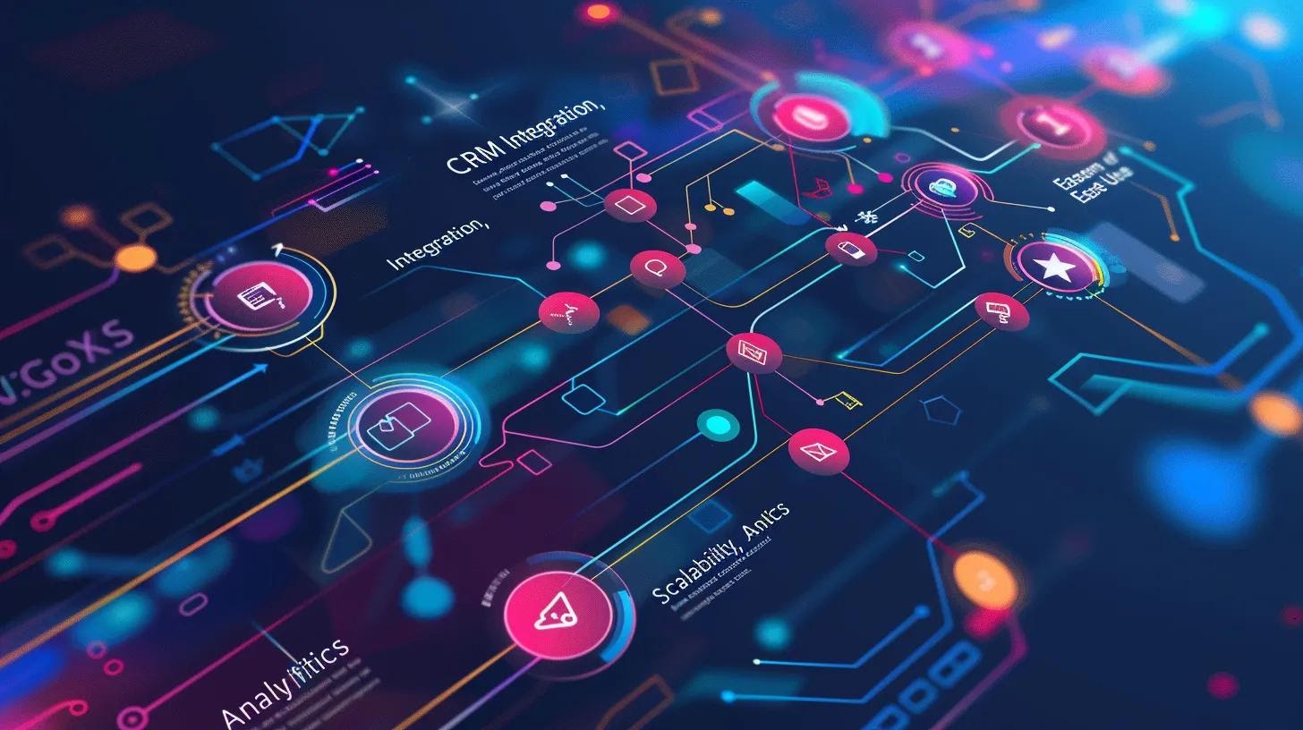 A modern UI-inspired flowchart showing decision-making criteria like “Ease of Use,” “CRM Integration,” “Scalability,” and “Analytics”—highlighted on a clean tech background.