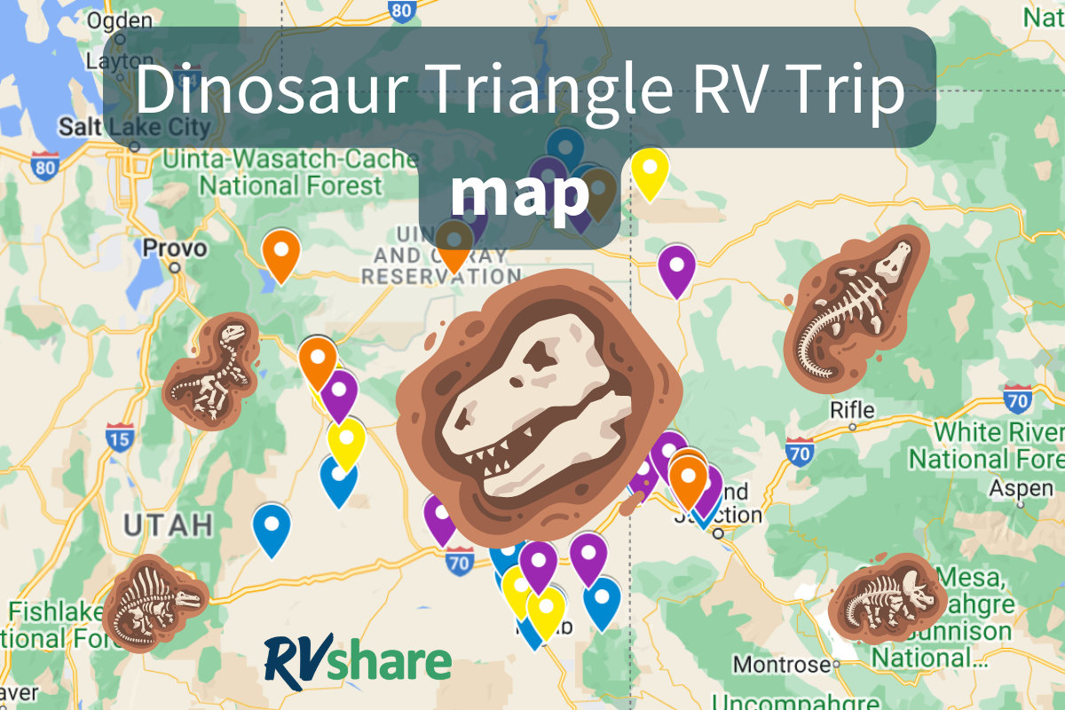 Cover image of a map of eastern Utah and western Colorado, around the Dinosaur Triangle. Dinosaur skeleton stickers dot the map and the title says "Dinosaur Triangle RV Trip map"