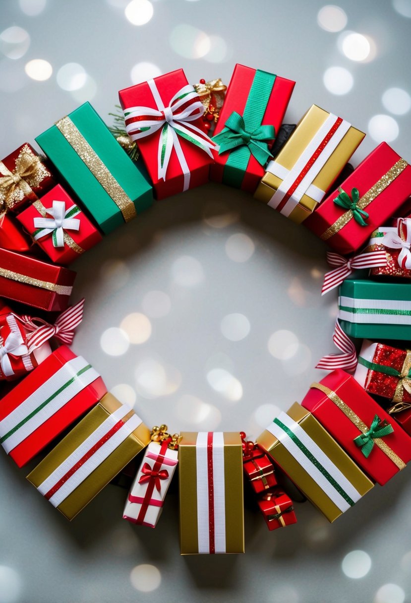 A collection of miniature gift boxes arranged in a circular wreath shape, adorned with festive ribbons and bows