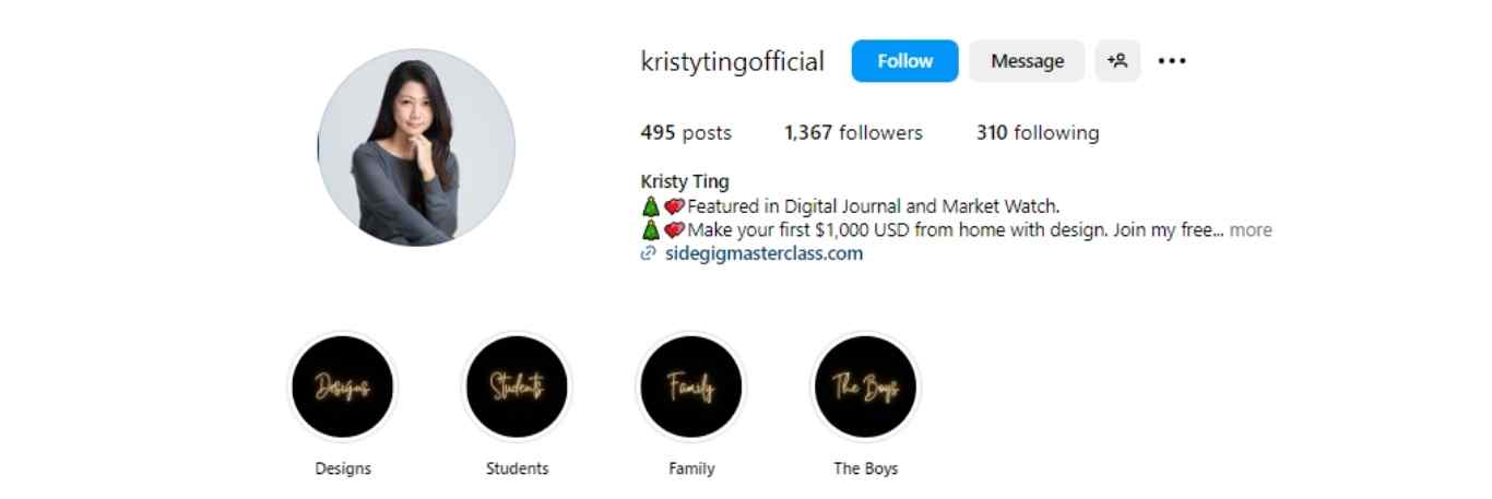 Kristy Ting Instagram account profile with black and gold highlight covers