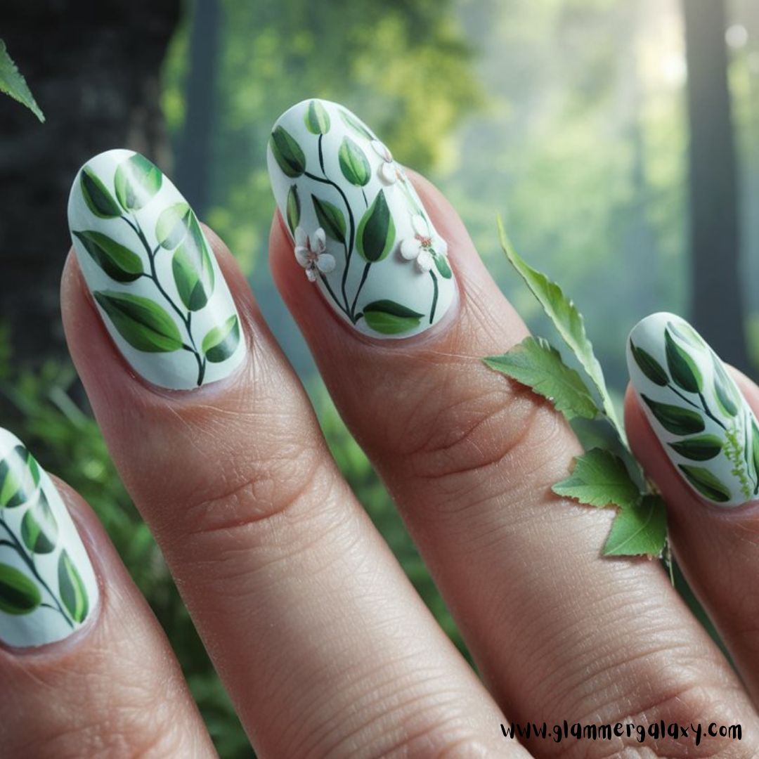 Classy Vacation Nails having Botanical Elegance with Greenery
