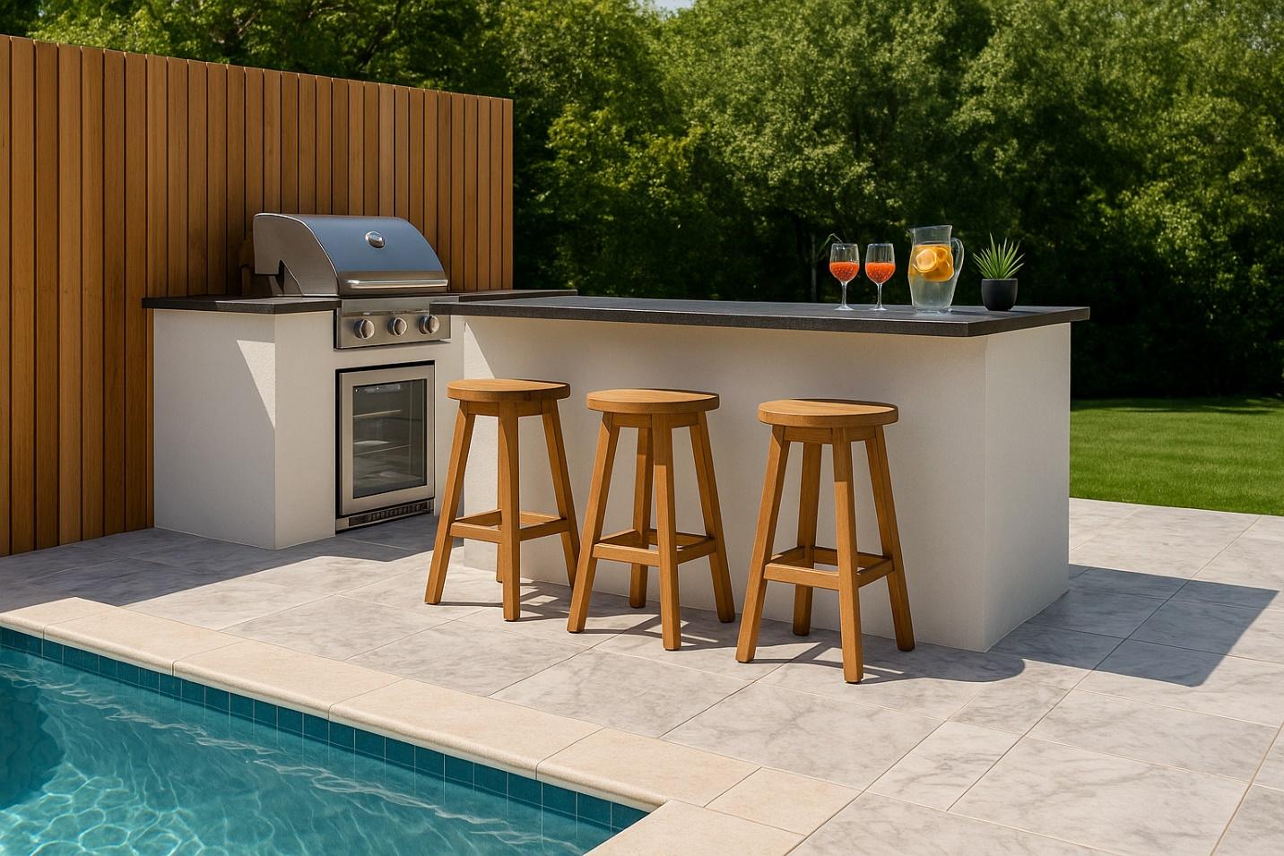 A bar stools next to a pool