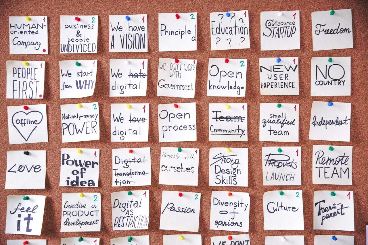 A vibrant corkboard display filled with handwritten notes showcasing core values and principles during a startup team's annual business review