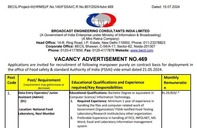 BECIL MTS Recruitment 2024 | बेसिल एमटीएस भर्ती 2024