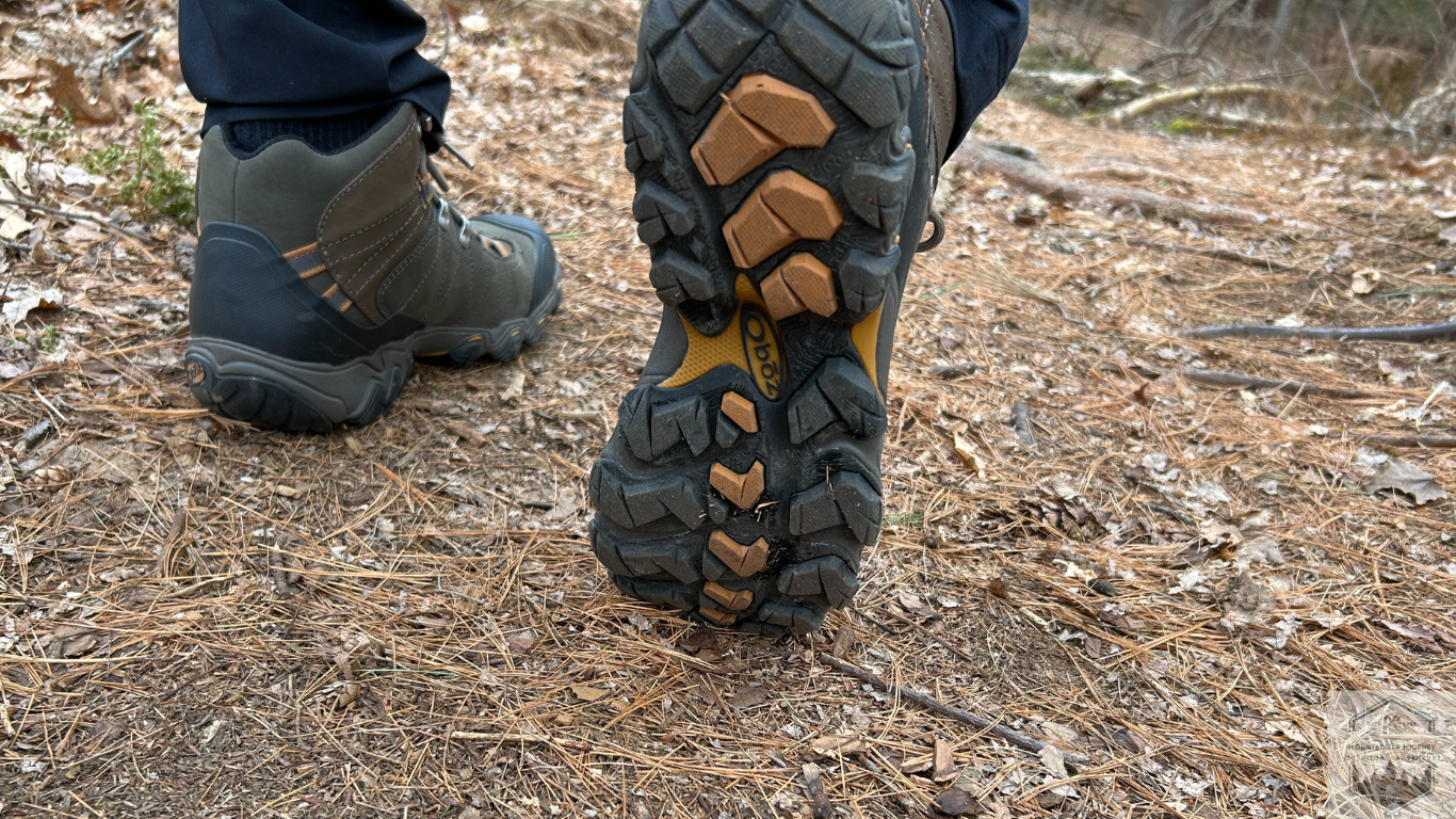 View of the Oboz bridger mid sole, excellent traction on trail