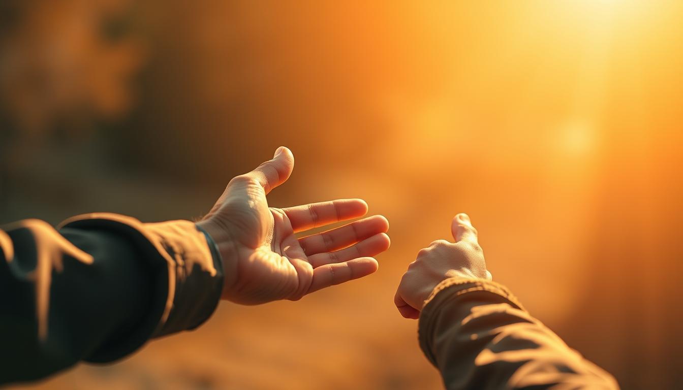 Create an image of a person reaching out their hand to help someone up from a difficult situation. The focus should be on the gesture of giving and the expression of gratitude on the face of the person being helped. Use warm colors to convey generosity and compassion, and add subtle details like a beam of light or a gentle breeze to suggest positive energy and progress. The scene should feel uplifting and hopeful, reminding viewers of the power of service and contribution to make a difference in people's lives.