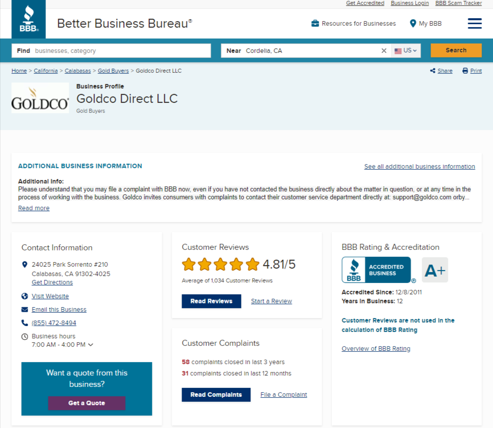 Goldco BBB rating and complaints