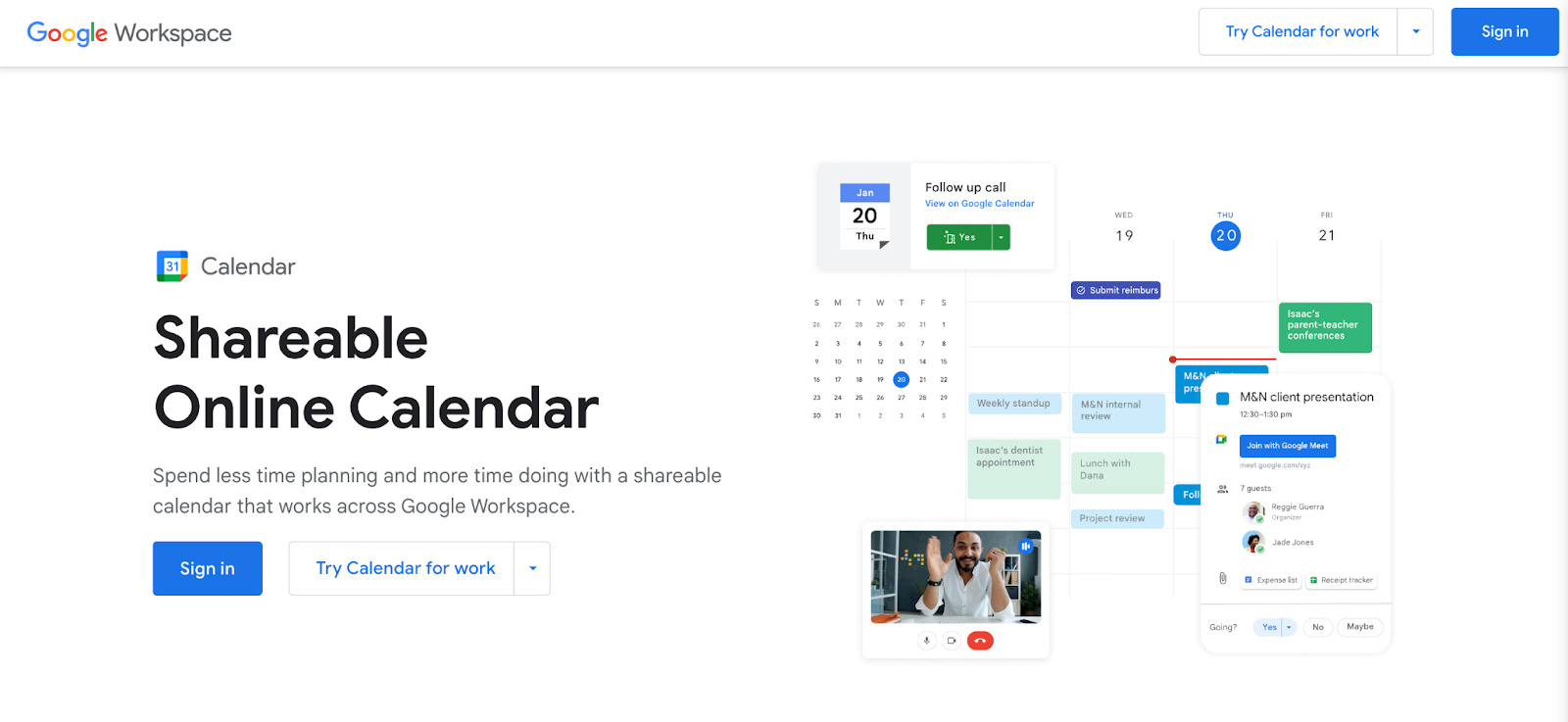 Captura de pantalla de la página de inicio de Google Calendar