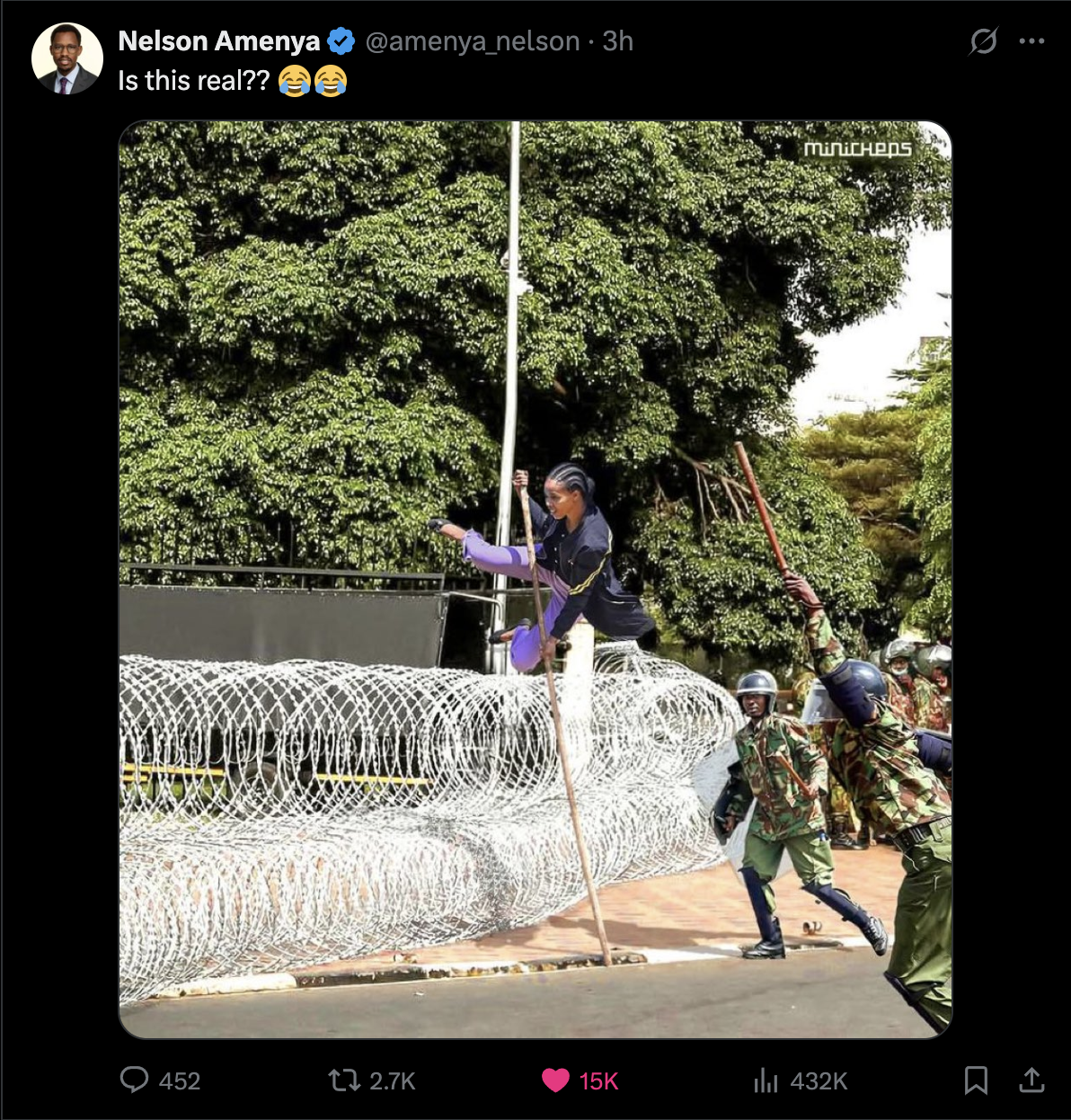 Leap over razor wire barricade: Viral image from Kenya’s June 25 protest is not real