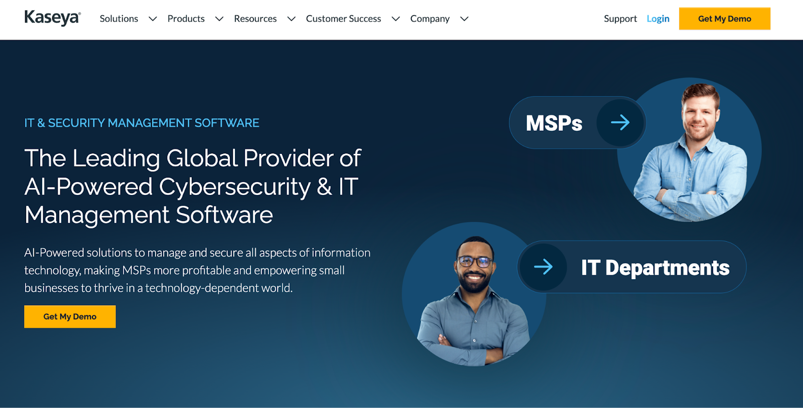 Kaseya homepage picture. It says, "The Leading Global Provider of AI-Powered Cybersecurity & IT Management Software."