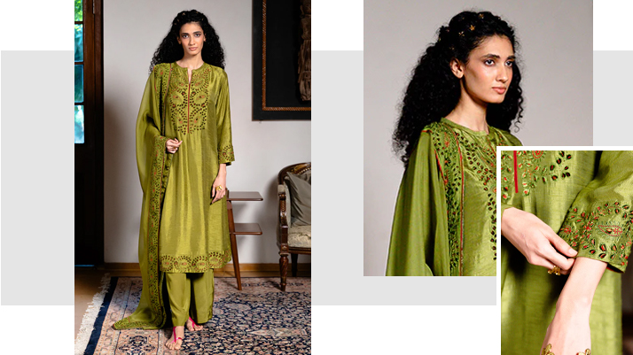 Green Olive Raw Silk Festive Kurta Set