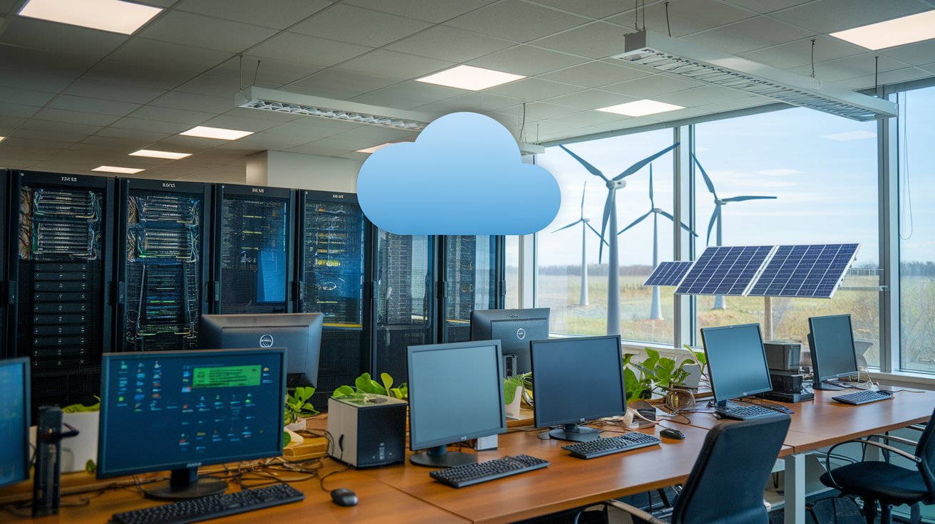 An office migrating to the cloud with renewable energy, illustrating the environmental benefits of cloud migration