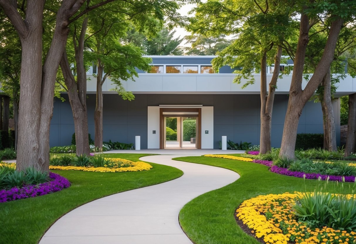 A serene garden with a winding path leading to a modern building with a welcoming entrance. Tall trees and colorful flowers surround the area