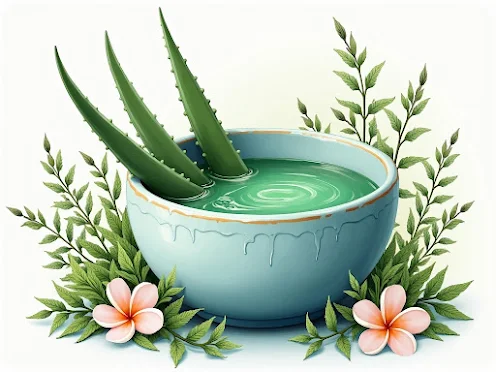 Un bol d'aloe vera et des extraits de plantes, symbolisant les :soins naturels.