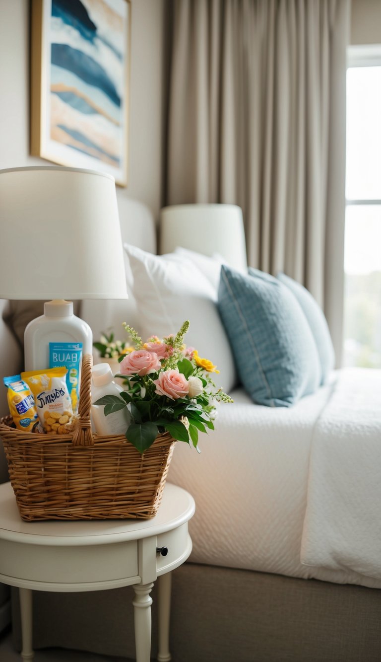 A cozy guest bedroom with a welcome basket on the bedside table, including fresh flowers, snacks, and toiletries