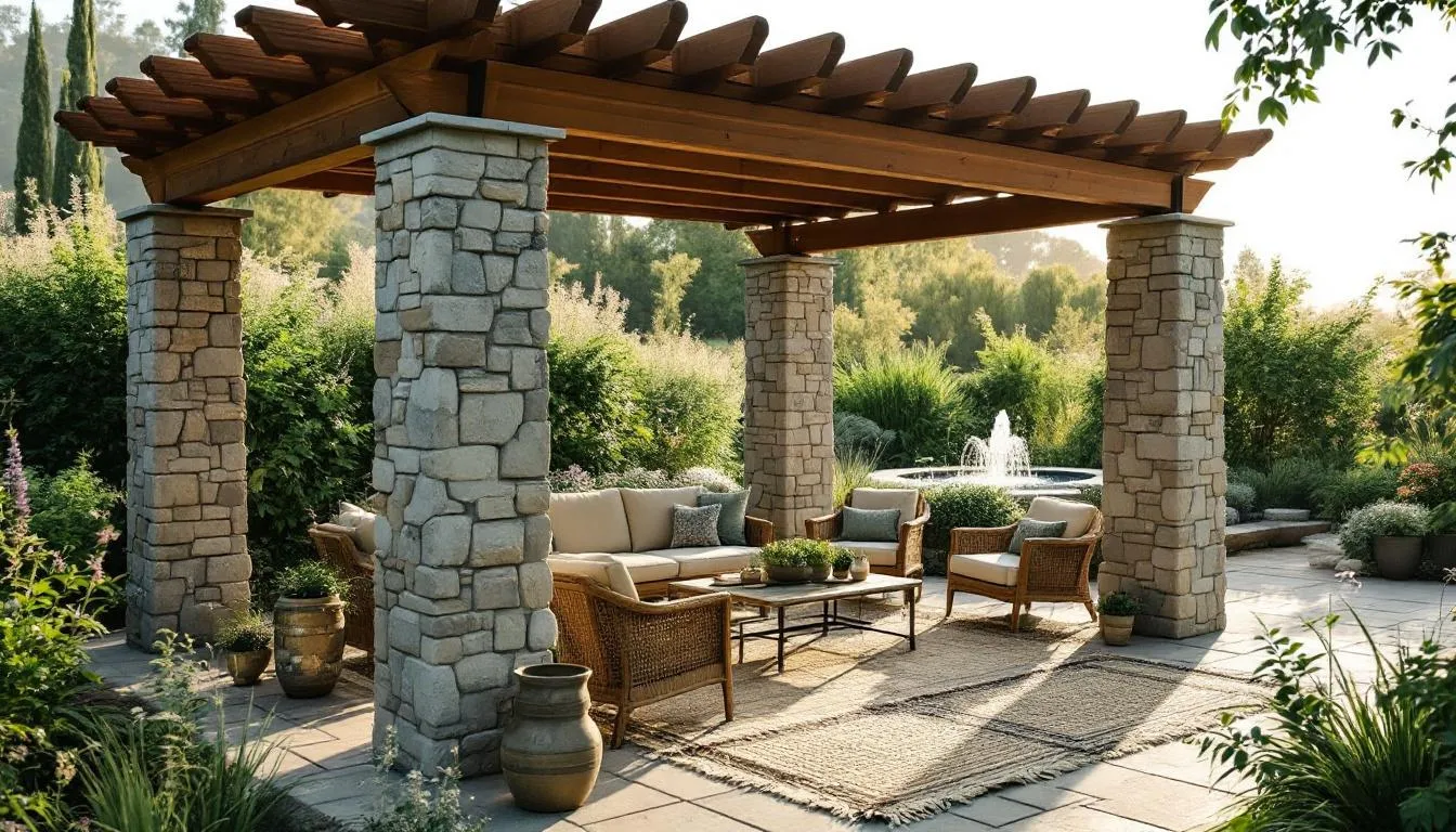 A beautiful cedar pergola with stone pillars creates a stylish retreat in a lush garden, surrounded by vintage outdoor furniture and woven rugs, perfect for entertaining guests in this outdoor living space. The pergola's roof offers shade, enhancing the ambiance of this modern outdoor oasis.