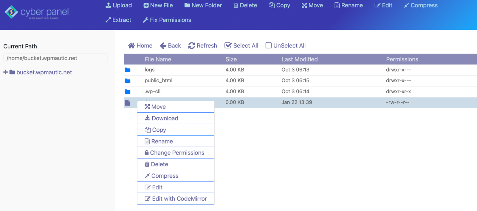 wordpress htaccess - edit a new file with CyberPanel